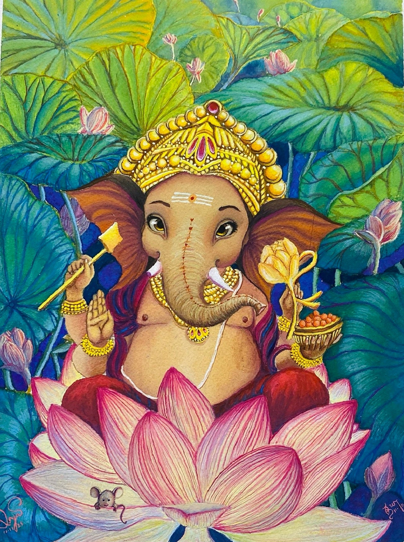 Colorful depiction of baby Ganesha sitting on a lotus flower with lush green foliage in the background.